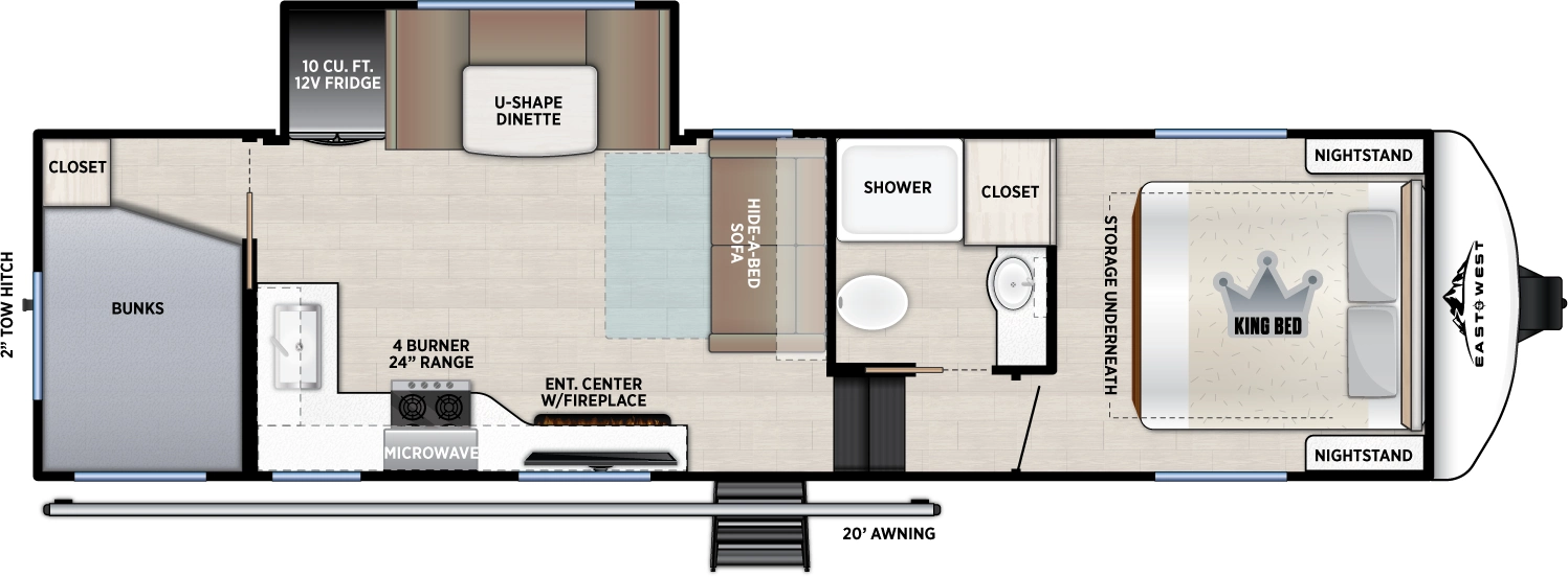 The Tandara 275BH (coming soon) floorplan has one entry and one slide out. Exterior features include: fiberglass exterior and 20' awning. Interiors features include: bunk beds, u-dinette and front bedroom.